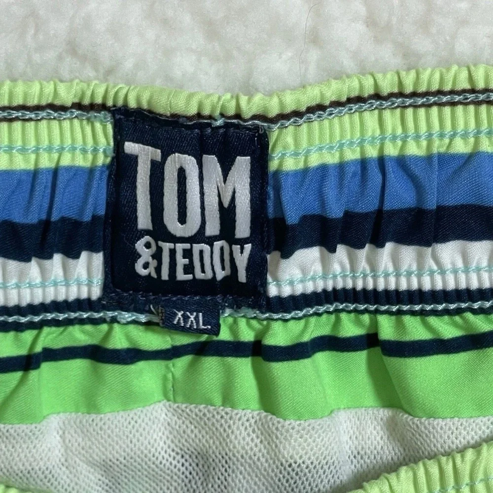 Tom & Teddy Swim Trunks Mens XXL Striped Polyester Green Blue Striped